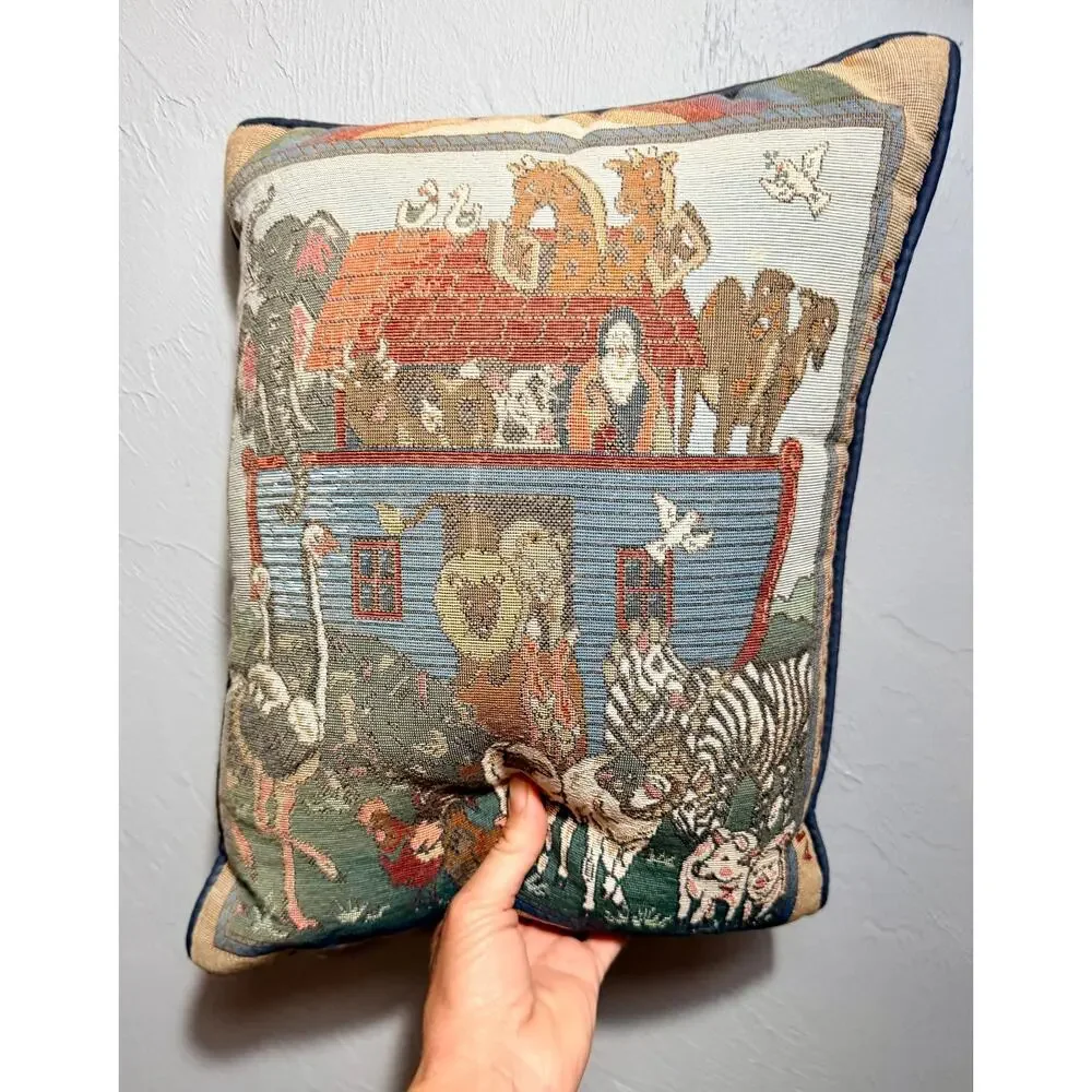 Vintage Noah's Ark Tapestry Pillow | Woven Animal Cushion, Folk Art Decor